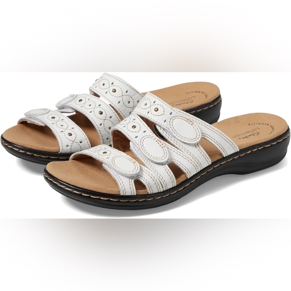 Clarks Women's Leisa Cacti Q Slide Sandals in White Leather Comfort Size 8‎